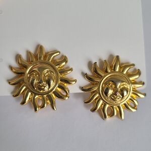 Vintage VERSACE Designer Luxury Sun Gold Plated Clip On Stud Statement Earrings